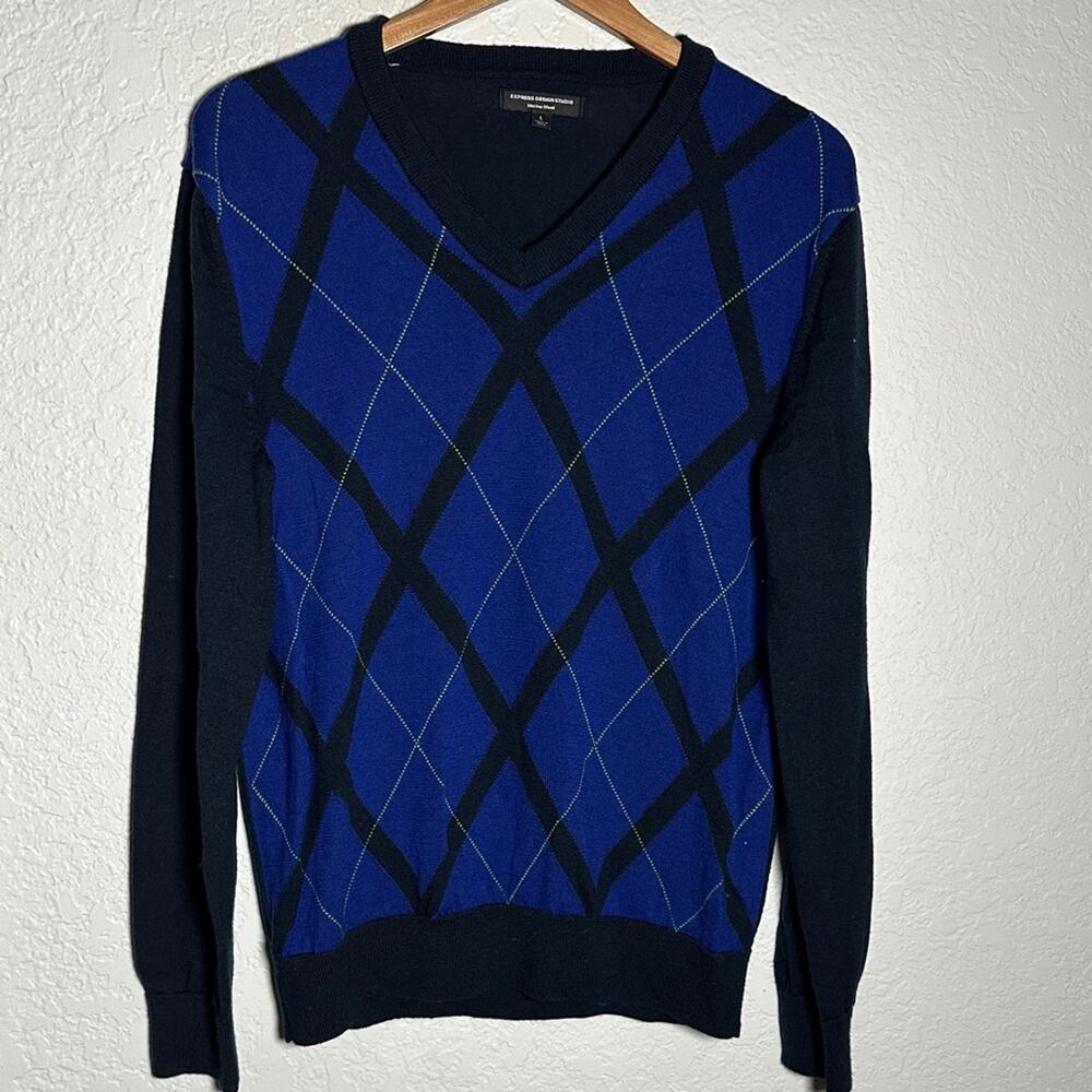 Express Men's Blue Argyle Sweater 100% Merino Wool Golf Preppy Country Club
